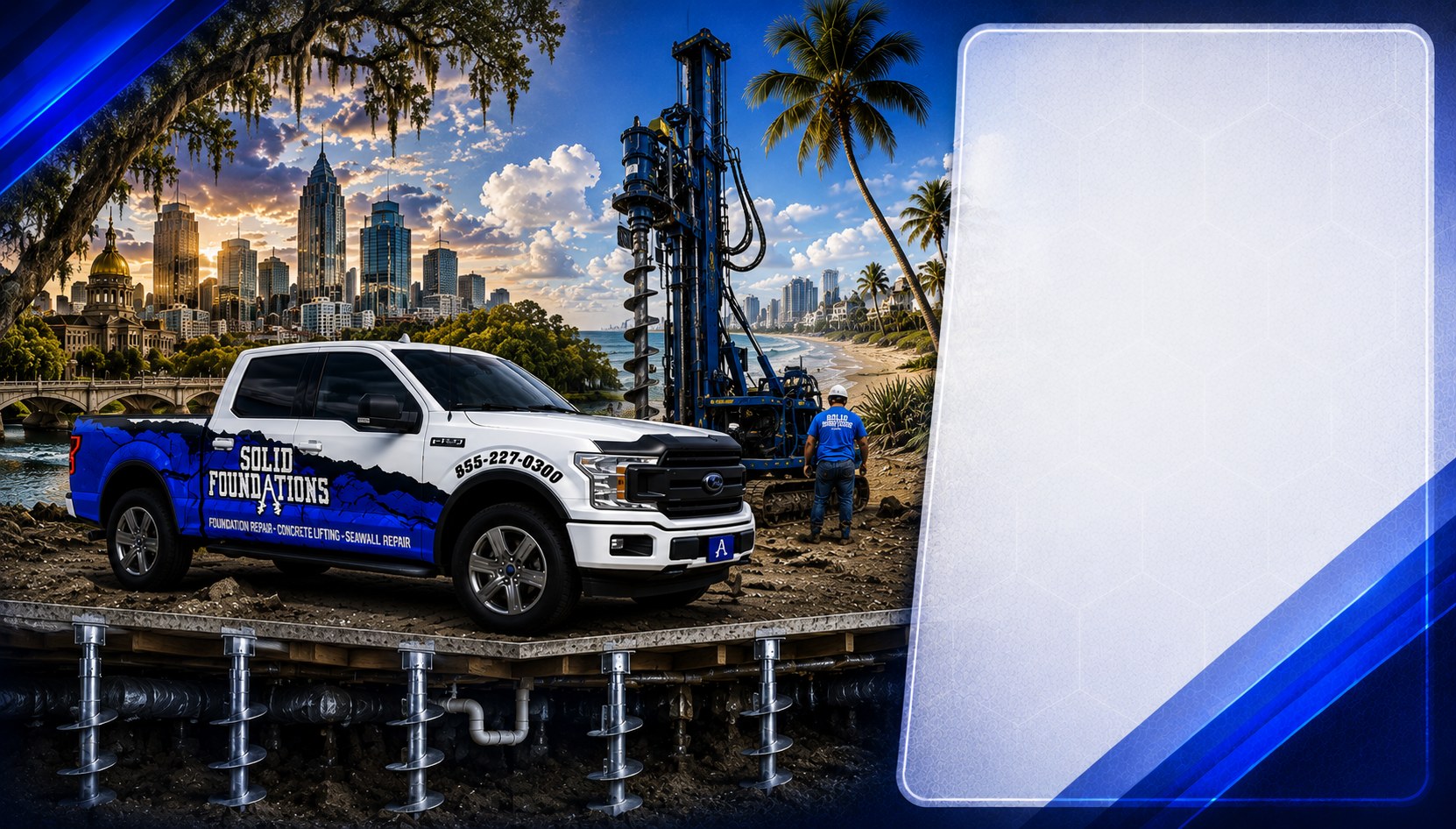 Solid Foundations branded truck and drill rig at a Florida job site