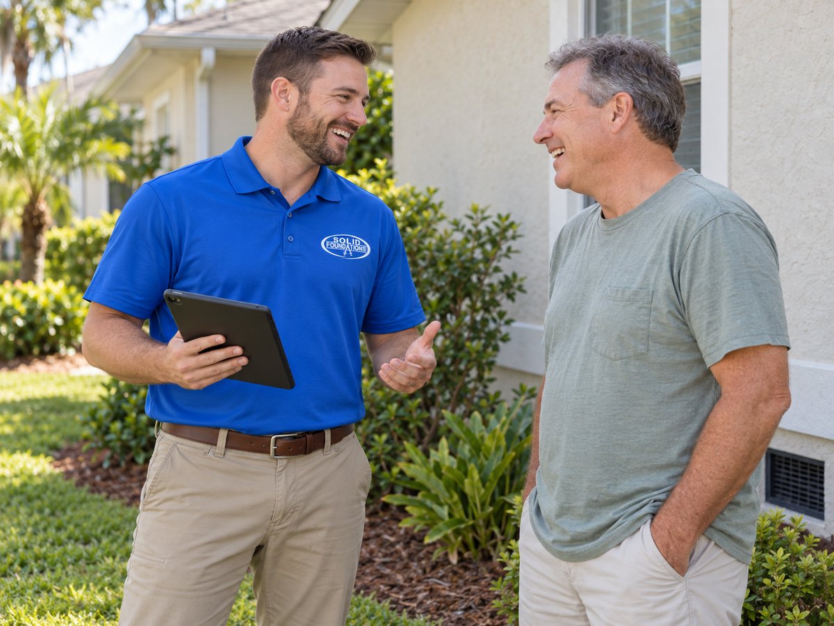 Solid Foundations technician consulting with a homeowner in the yard with a tablet