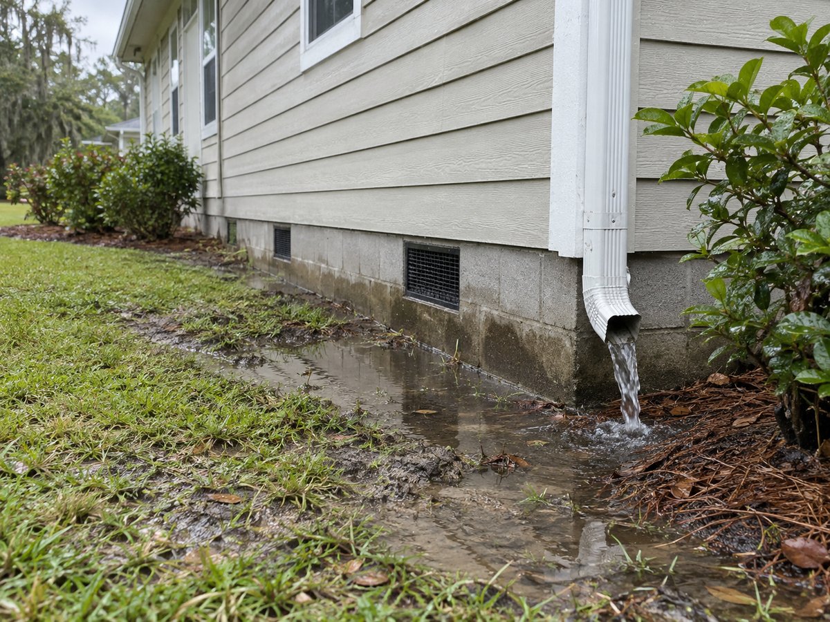Poor drainage pooling water against a home’s foundation near a downspout