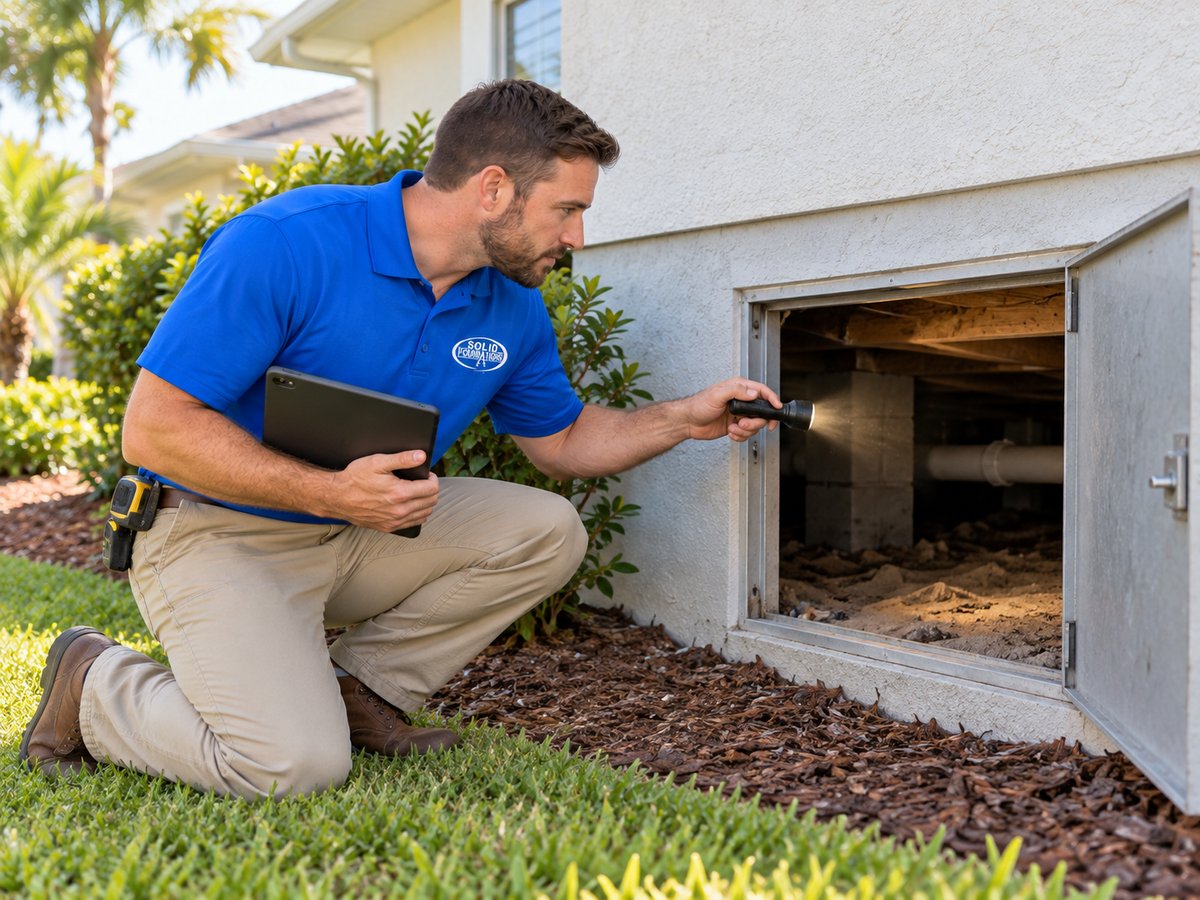 Solid Foundations technician evaluating a crawl space access door with a flashlight