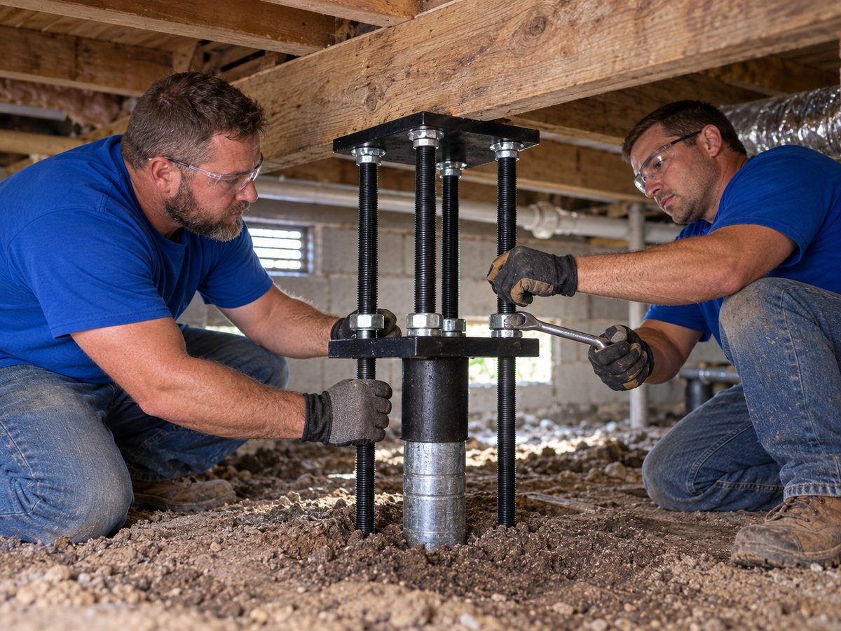 Solid Foundations crew installing a crawl space support jack under floor joists