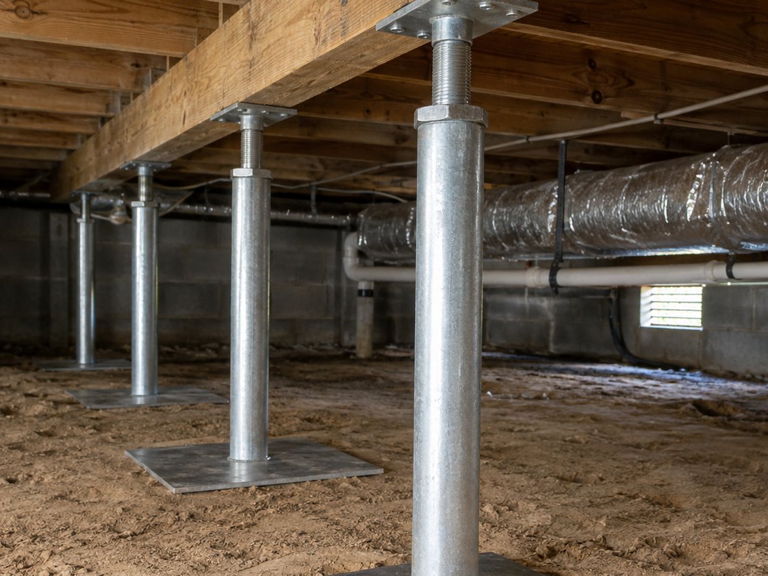 Row of newly installed crawl space support jacks under floor joists