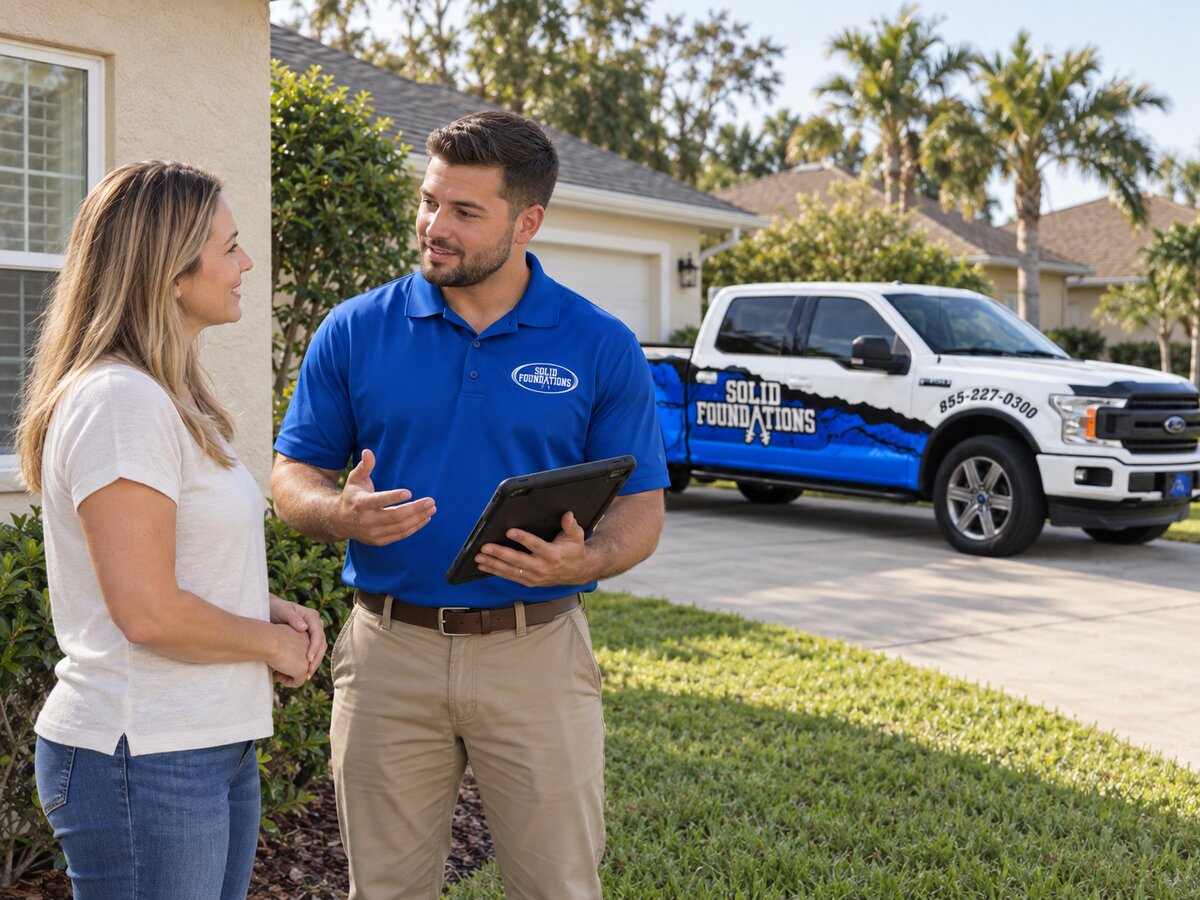 Solid Foundations technician consulting with a homeowner beside the company truck