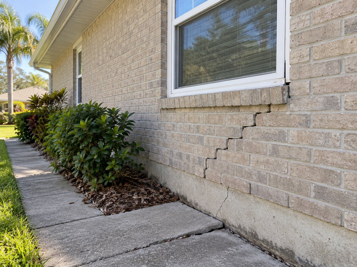 Close-up of a stair-step crack in a brick foundation wall