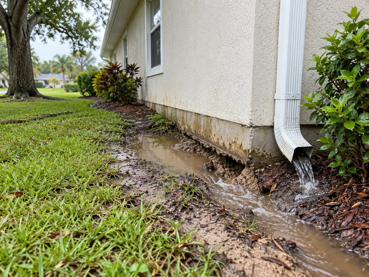 Poor drainage pooling water against a home’s foundation near a downspout