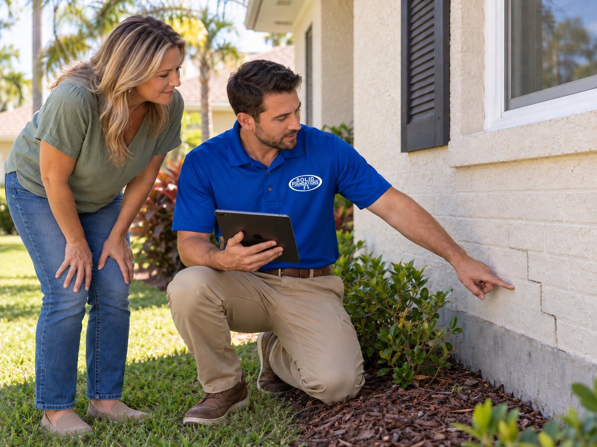 Solid Foundations technician and homeowner reviewing a foundation crack with a tablet