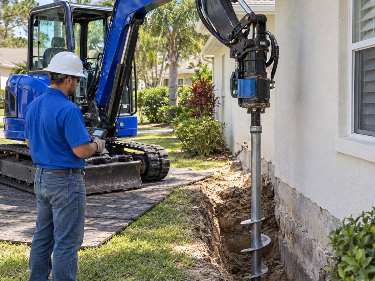 Solid Foundations crew installing a helical pier with excavation equipment