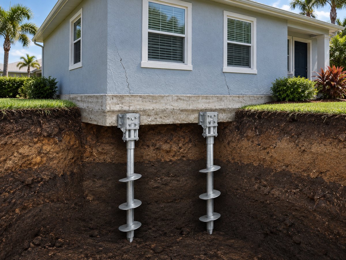 Illustration of helical piers installed beneath a cracked foundation corner