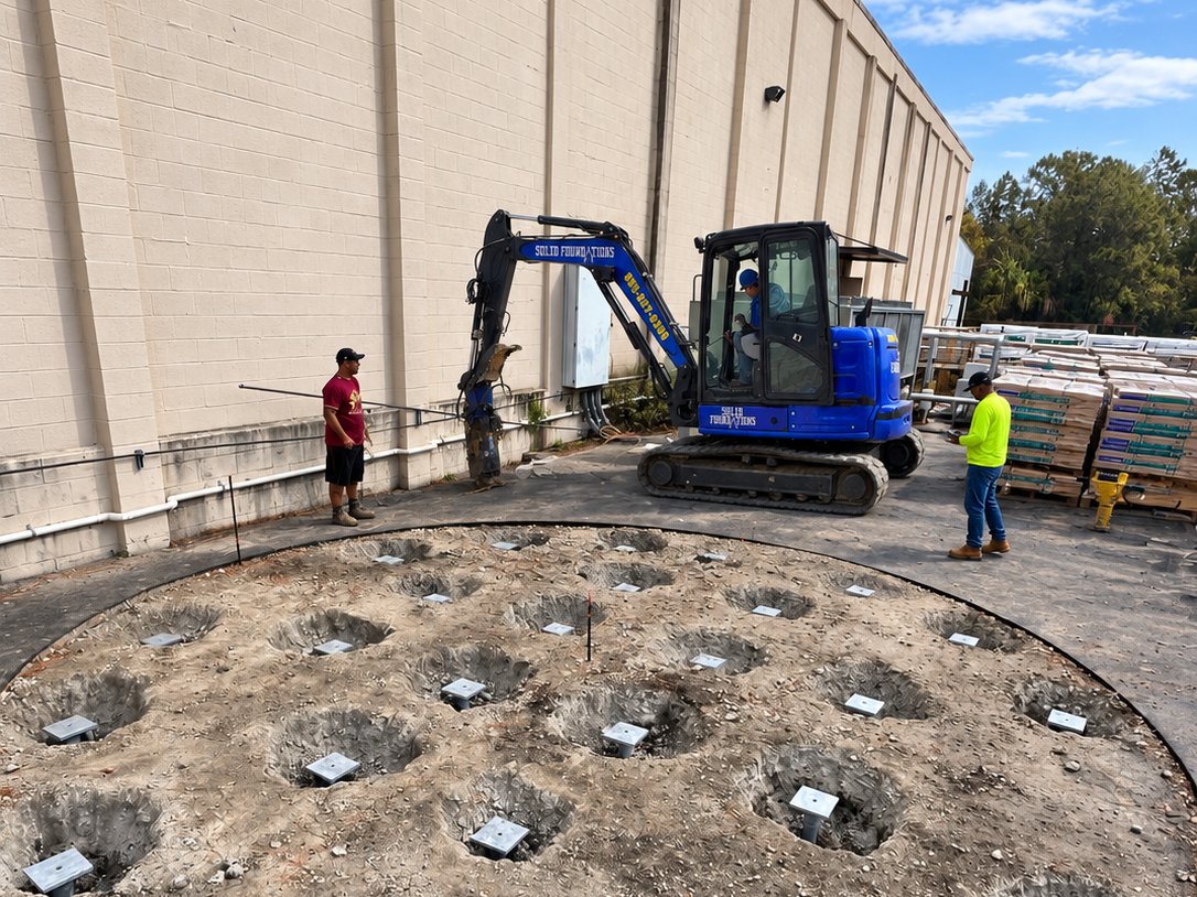 Circular helical pile footing layout staged for a commercial foundation
