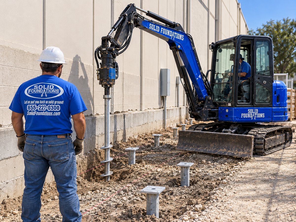 Solid Foundations crew member overseeing helical pile installation at a commercial building