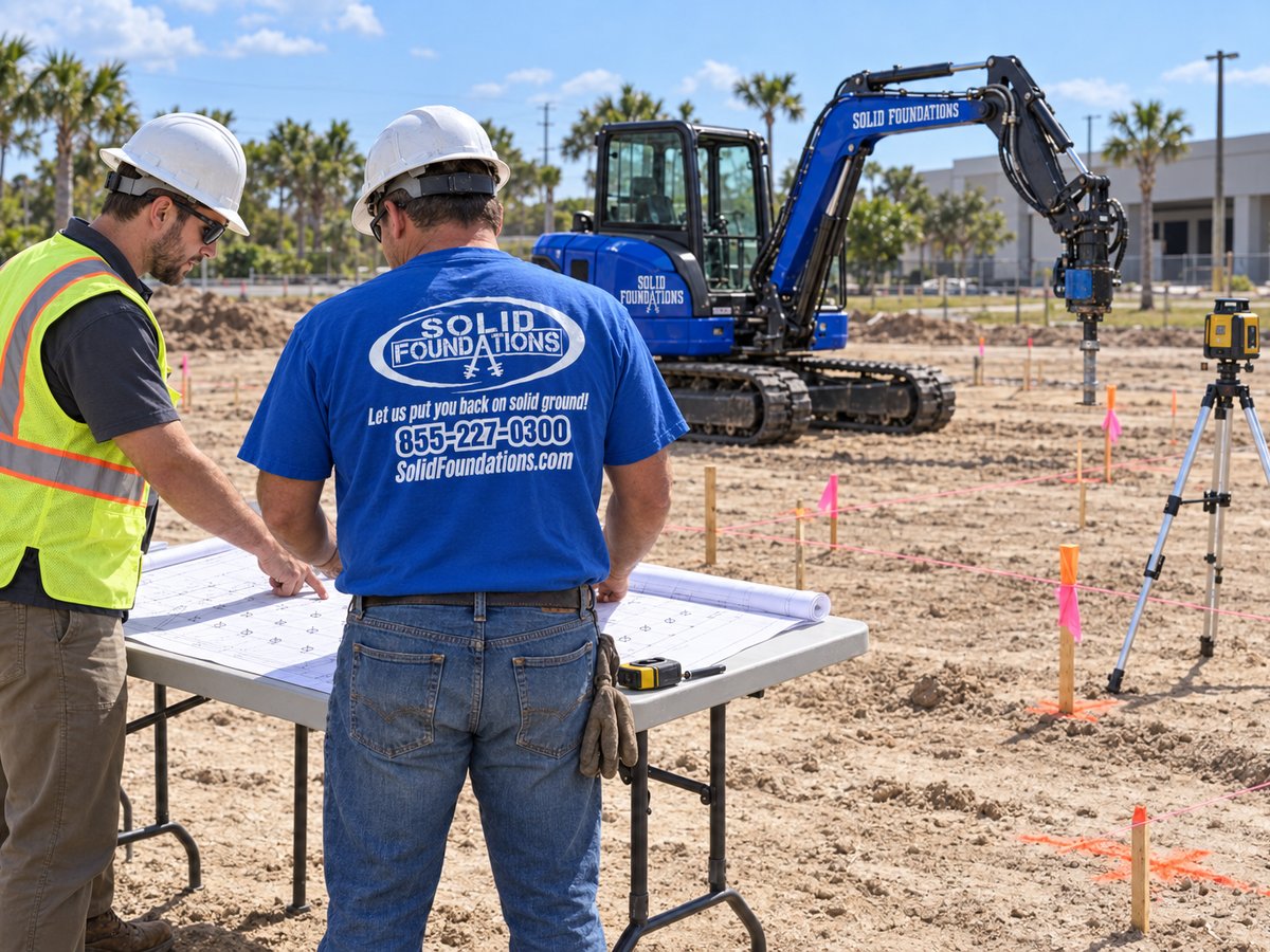 Solid Foundations crew reviewing the foundation plans with the pile rig staged behind them