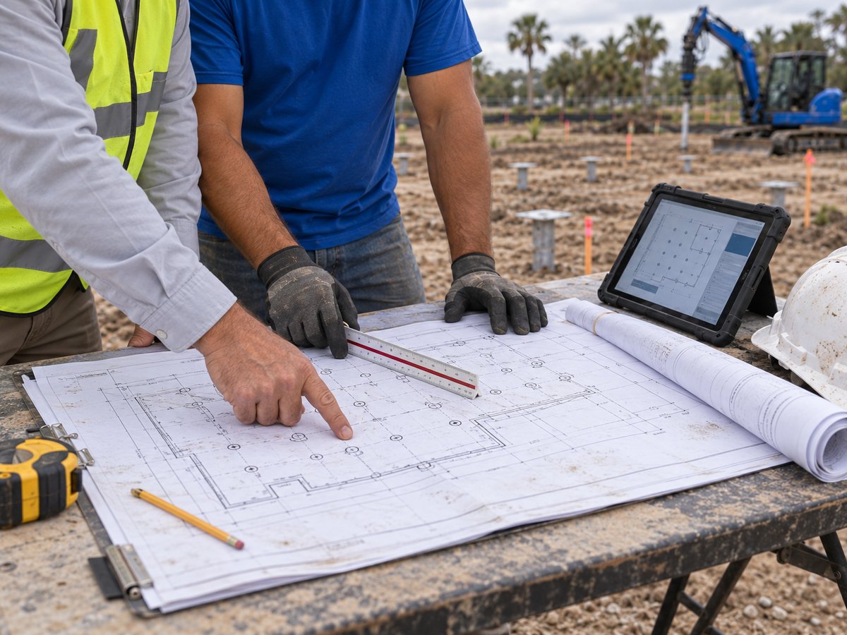 Close-up of foundation blueprints being reviewed on site with a tablet and ruler