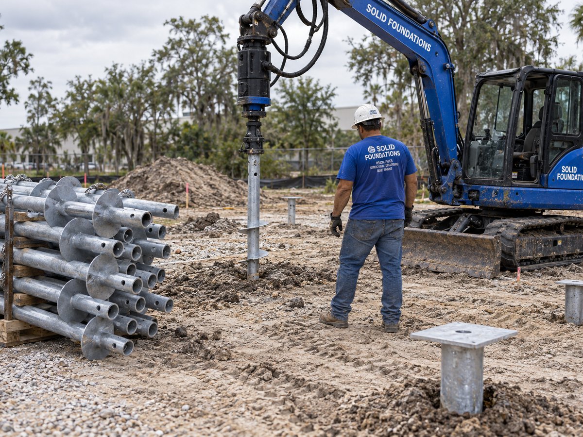 Galvanized helical pile shafts staged on site during installation