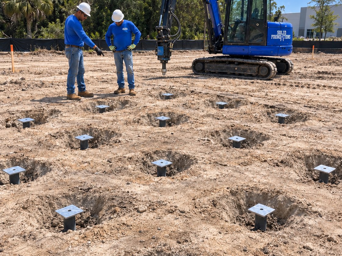 Wide view of a pre-construction site with helical pile footings laid out on a grid