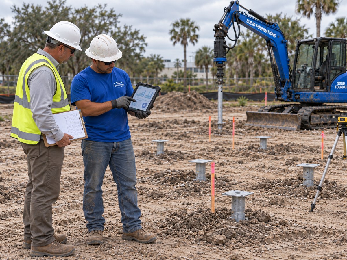 Solid Foundations crew reviewing pile layout data on a tablet at a pre-construction site