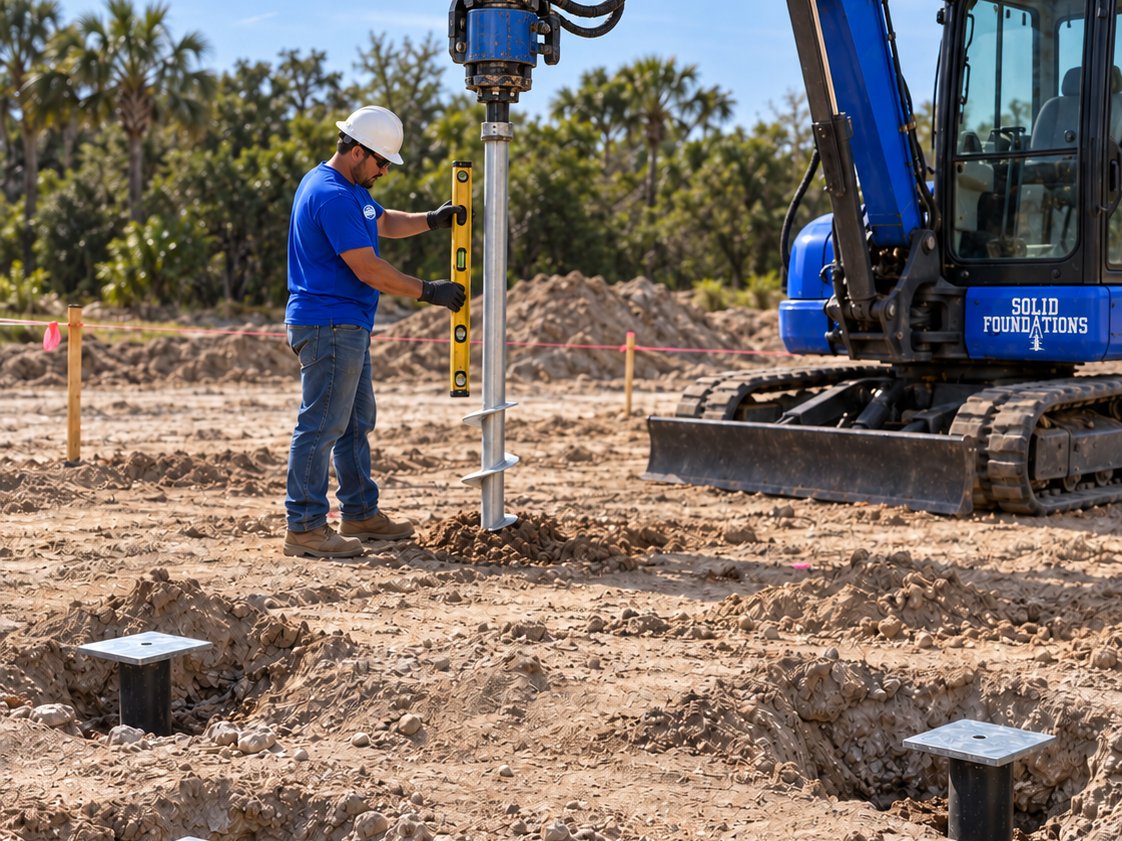 Solid Foundations technician checking a helical pile shaft with a level during installation