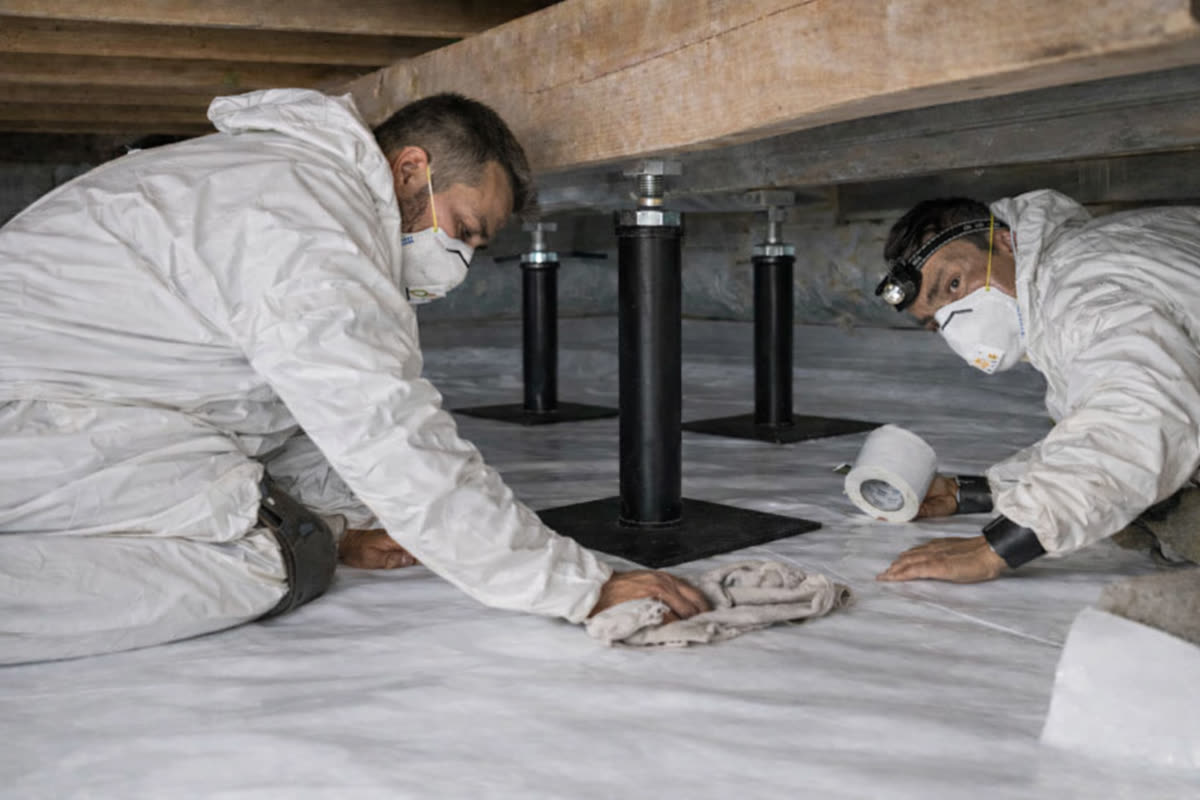 Crew sealing a new vapor barrier during a crawl space encapsulation