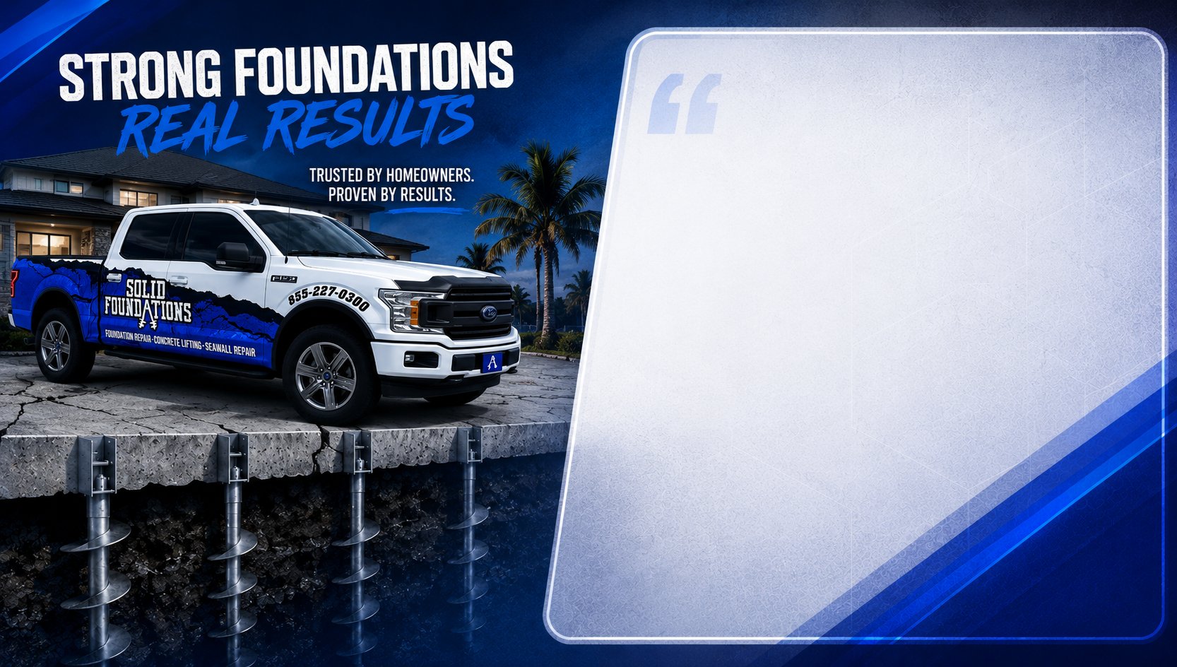 Solid Foundations branded truck on a waterfront job — Strong Foundations, Real Results