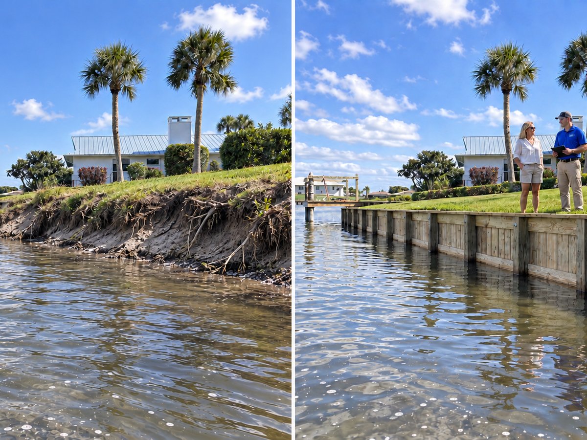 Before-and-after of an eroding canal bank rebuilt into a new wood seawall