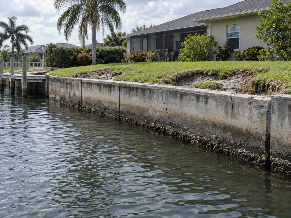 Close-up of a cracked, deteriorating concrete seawall along the waterline