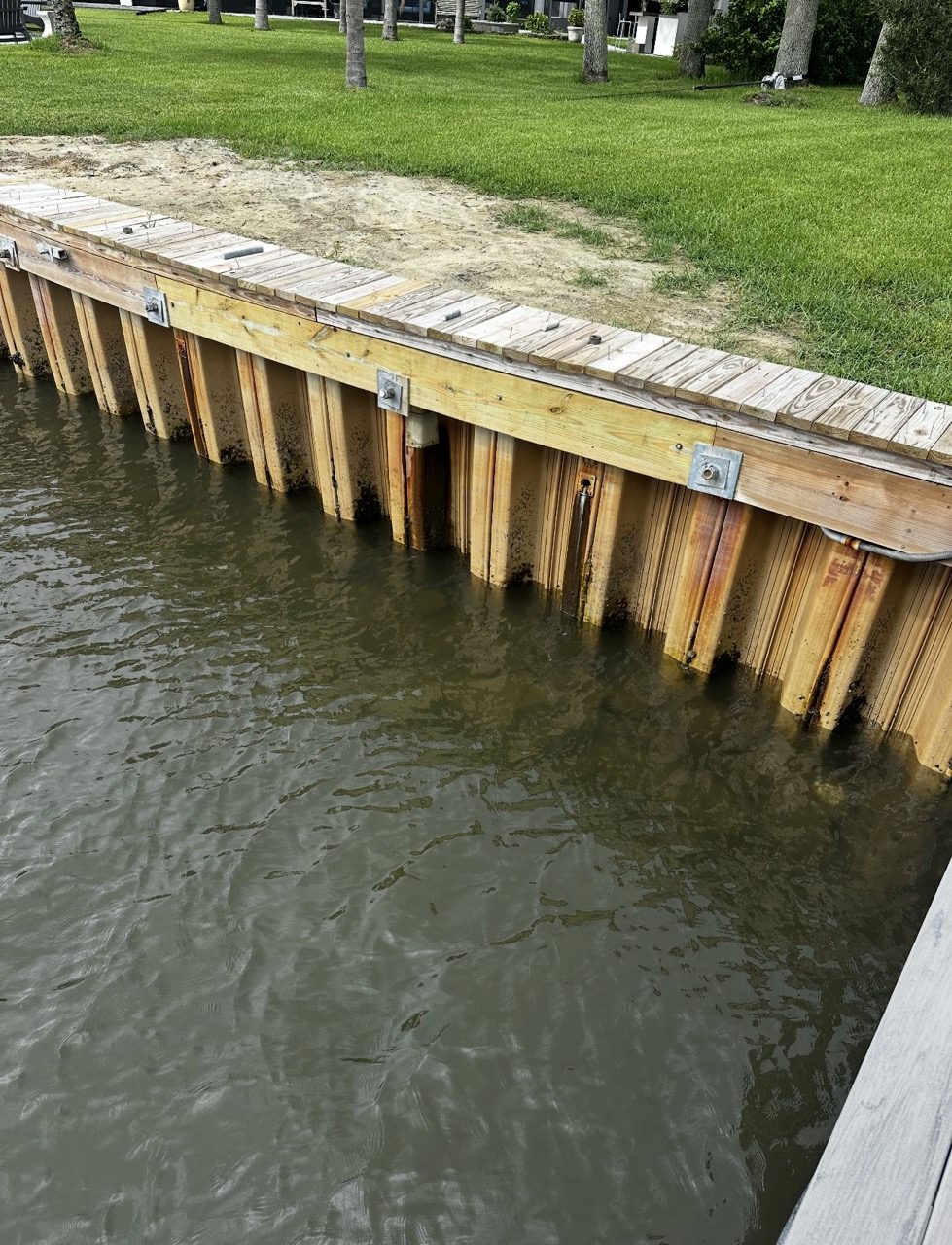 Closeup of an aging wood seawall piling along the waterline