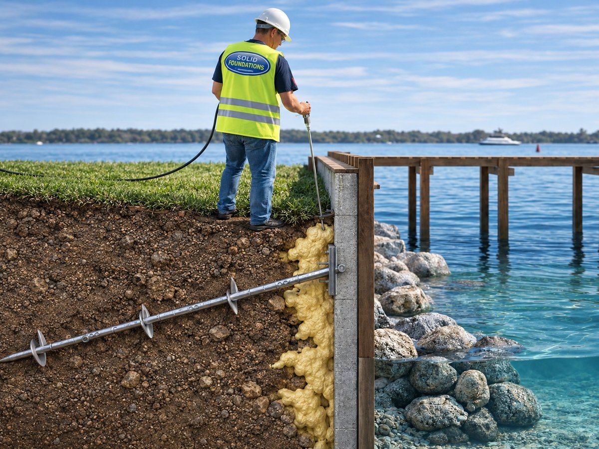 Illustration of a helical tieback anchor and grout injection behind a seawall