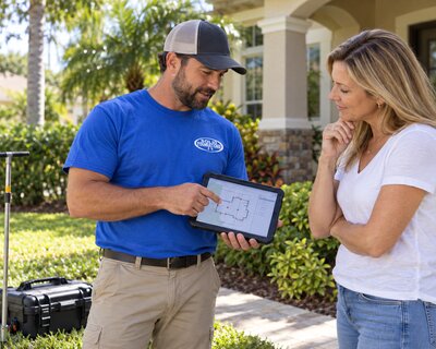 Solid Foundations technician reviewing findings on a tablet with a homeowner