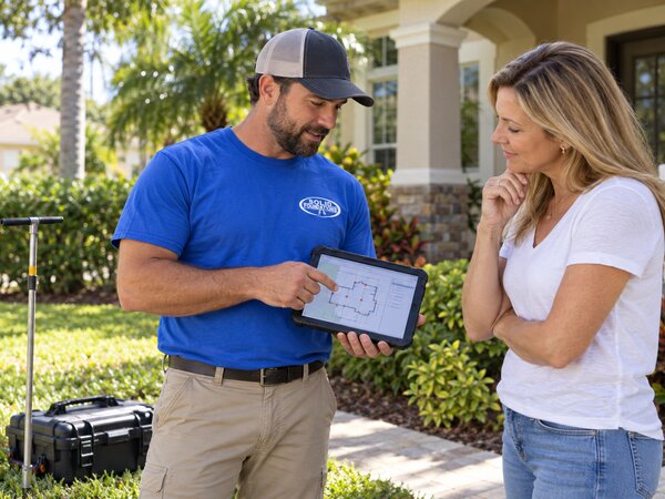 Solid Foundations technician reviewing findings on a tablet with a homeowner