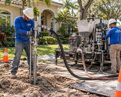 Solid Foundations crew operating grout injection equipment in a home's front yard