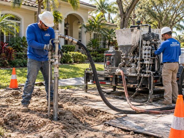 Solid Foundations crew operating grout injection equipment in a home's front yard