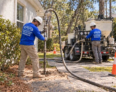 Solid Foundations crew operating grout injection equipment at a residential job site
