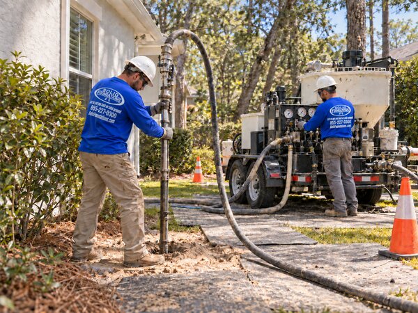 Solid Foundations crew operating grout injection equipment at a residential job site