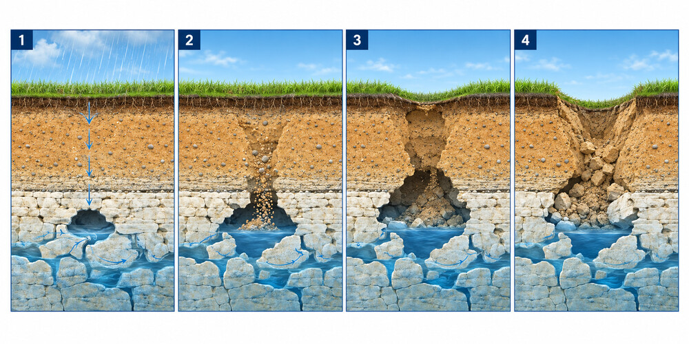 Four-panel diagram showing how a sinkhole forms as rainwater erodes limestone bedrock, creating a cavity that collapses the ground above it