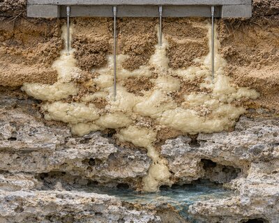 Cutaway illustration of polyurethane grout injected into limestone bedrock to fill voids and stop water intrusion