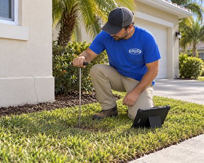 Solid Foundations technician kneeling to probe the soil near a home's foundation, tablet nearby