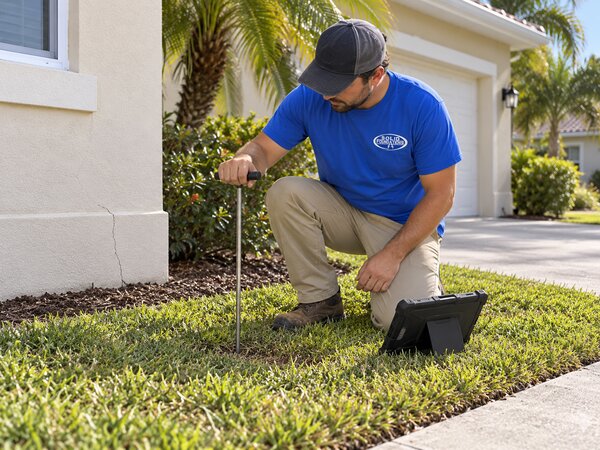 Solid Foundations technician kneeling to probe the soil near a home's foundation, tablet nearby