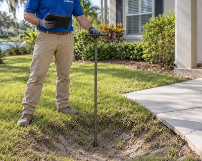 Solid Foundations technician surveying a front yard with a probe rod and tablet near a low spot in the lawn