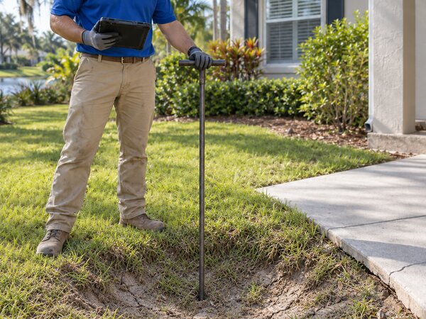 Solid Foundations technician surveying a front yard with a probe rod and tablet near a low spot in the lawn