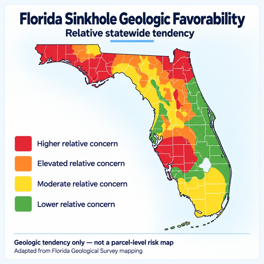 Florida sinkhole geologic favorability map showing relative statewide tendency by region, adapted from Florida Geological Survey mapping — geologic tendency only, not a parcel-level risk map