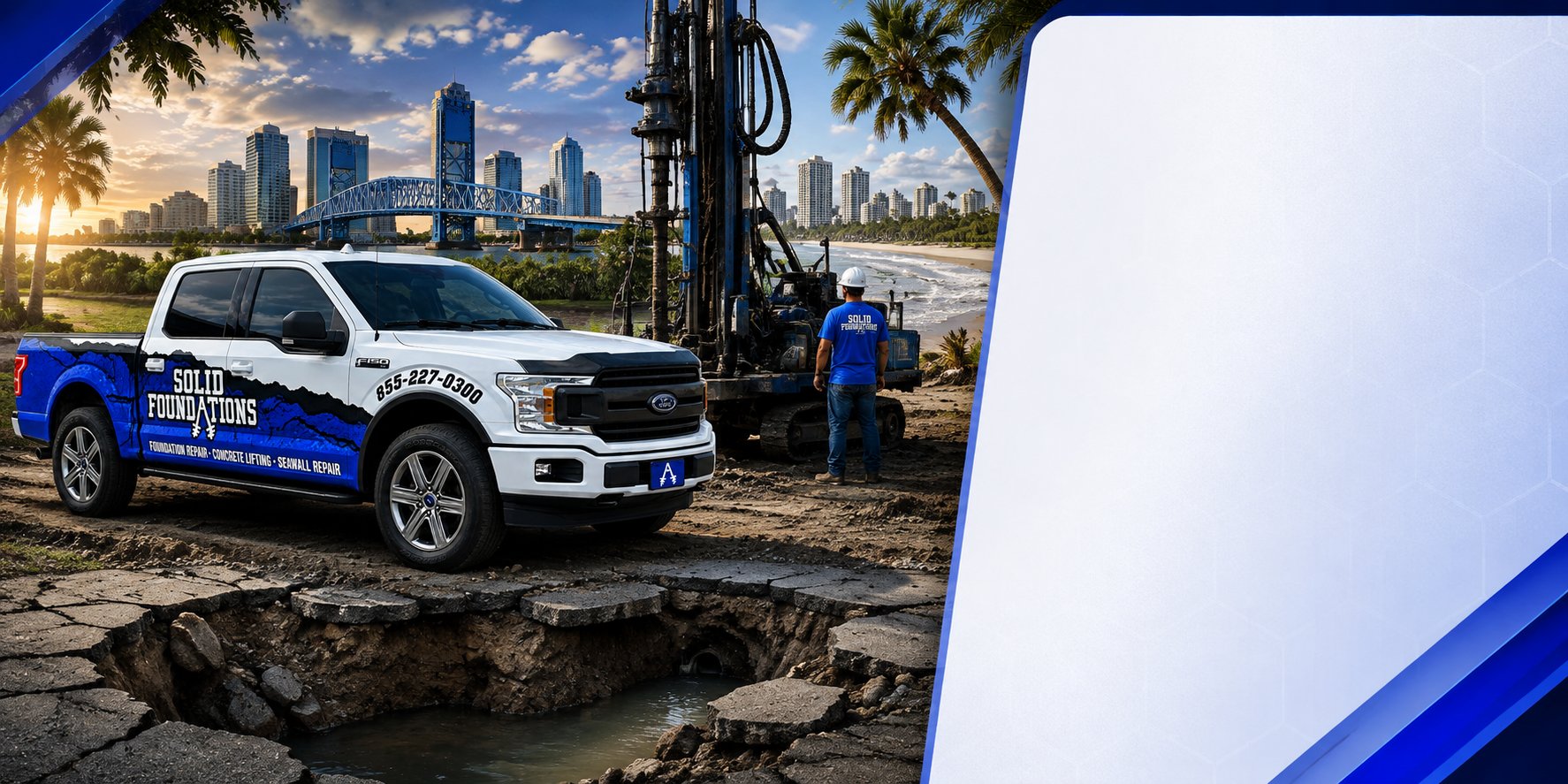Solid Foundations branded truck and drill rig at a sinkhole job site