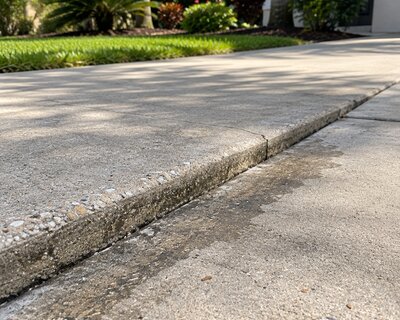 Close-up of a cracked, separated expansion joint on a concrete driveway with water seepage