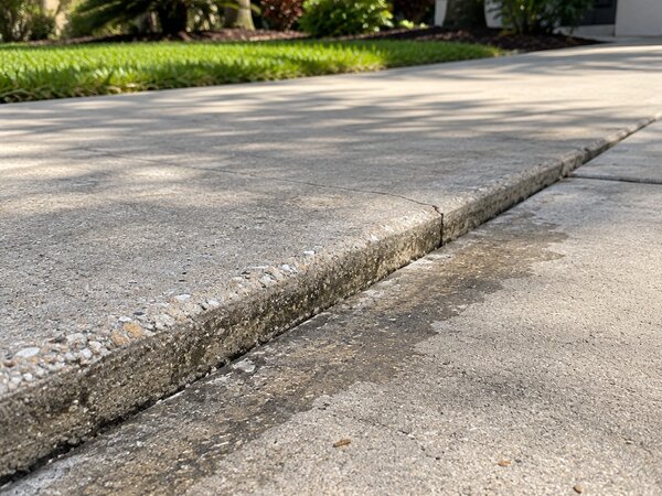 Close-up of a cracked, separated expansion joint on a concrete driveway with water seepage