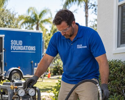 Solid Foundations technician operating polyurethane injection pump equipment beside the branded service trailer