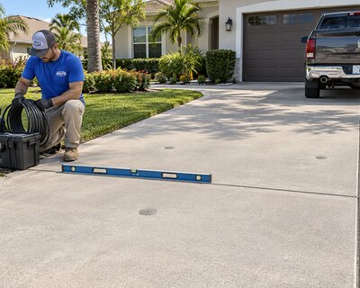 Solid Foundations technician coiling equipment hose beside the service truck after a slab lifting job