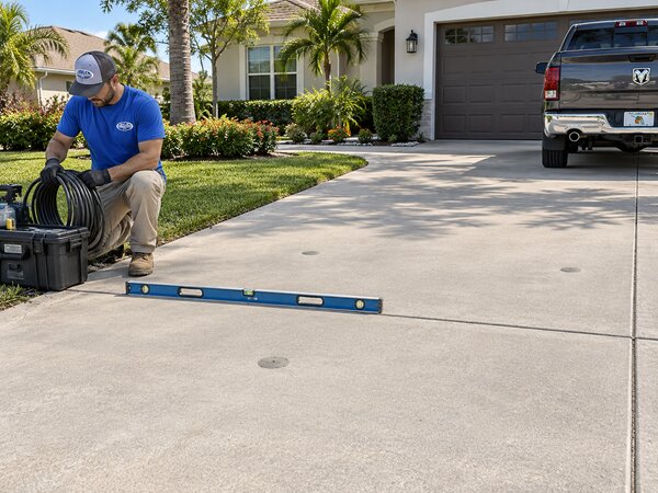 Solid Foundations technician coiling equipment hose beside the service truck after a slab lifting job
