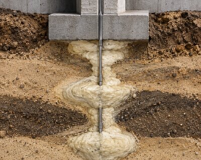 Cutaway view of polyurethane foam expanding at multiple depths in layered soil beneath a concrete slab