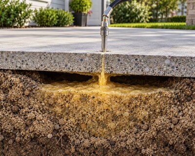 Cutaway view of polyurethane foam expanding into the soil beneath a concrete slab through an injection port