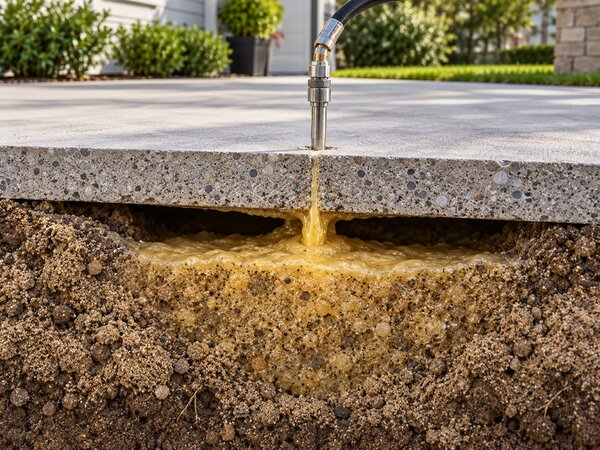 Cutaway view of polyurethane foam expanding into the soil beneath a concrete slab through an injection port