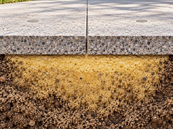 Cutaway view of a wide layer of polyurethane foam filling the soil beneath a concrete driveway slab
