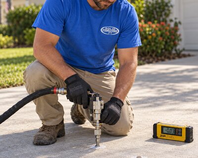 Solid Foundations technician injecting polyurethane foam through a driveway port with a ZipLevel monitoring elevation nearby